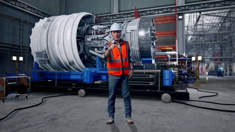 full body of angry asian male engineer with safety helmet shouting at someone while standing with airplane engine maintenance conducted, analytics checking the turbine