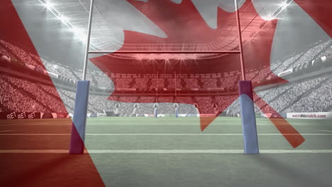 estadio de rugby con la bandera canadiense flotando en primer plano