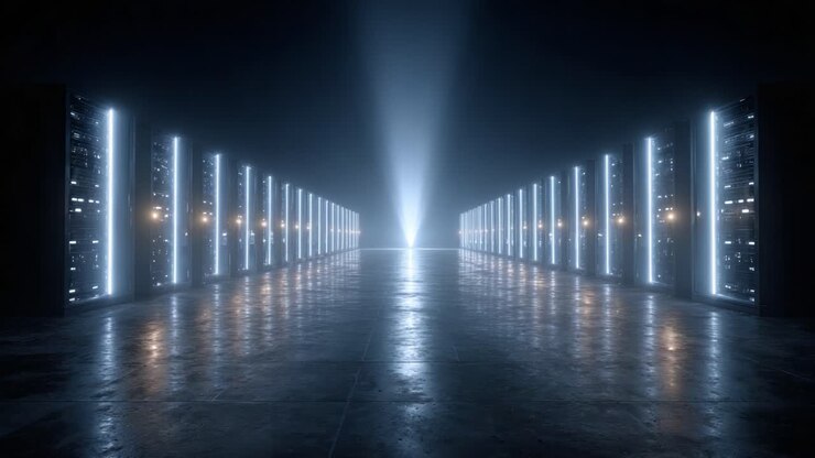 Et futuristisk datacenter med skinnende servere og oplyst sti, der repræsenterer avanceret teknologi og innovation inden for computerinfrastruktur