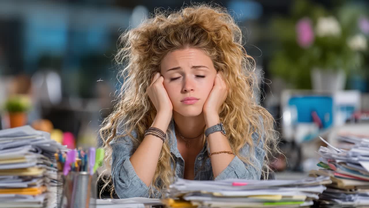 Exhausted Young Woman Surrounded by Paperwork in a Busy Office Environment, Struggling with Stress and Overwhelm from Workload and Deadlines