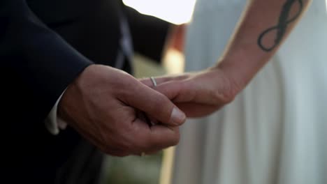 pareja anónima tomados de la mano durante la puesta de sol
