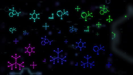 chemical structures and molecular formulas animation over dark background