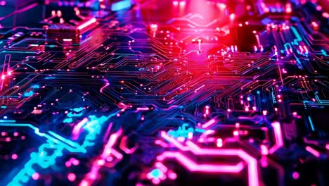 un primer plano de una placa de circuitos con luces rojas y azules