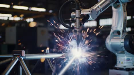 a robotic arm precision welding metal framework in an industrial setting: showcasing advanced manufacturing technology and automation efficiency