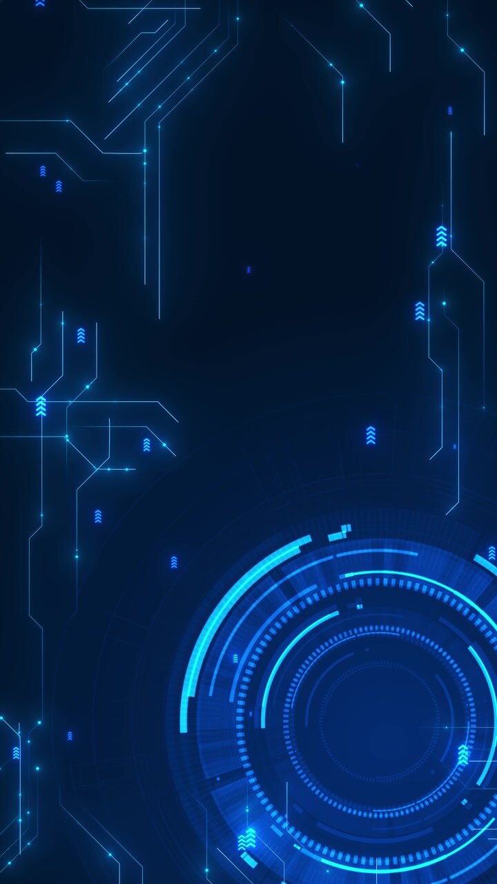 Sfondo blu dell'interfaccia del circuito HUD con anelli tecnologici circolari, indicatori a freccia e linee luminose.