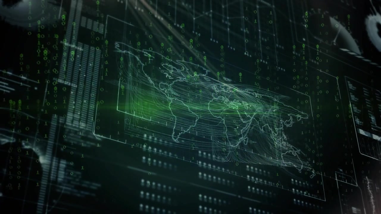 Interface initiating green scan, holographic world map updating panels and showing Eurasia hotspot