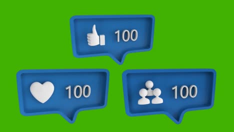 Animation-of-three-blue-speech-bubbles-with-social-media-icons-and-numbers-growing-on-green