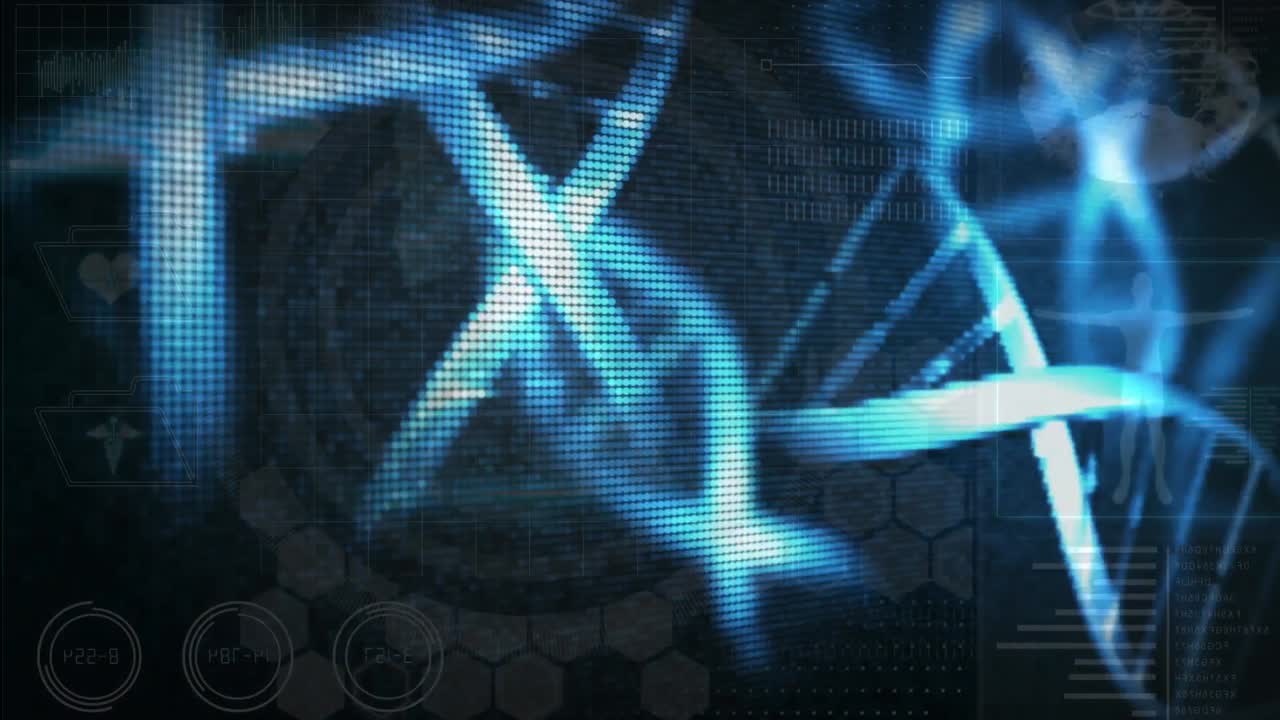 animación digital de múltiples estructuras de adn girando interfaz digital médica con procesamiento de datos