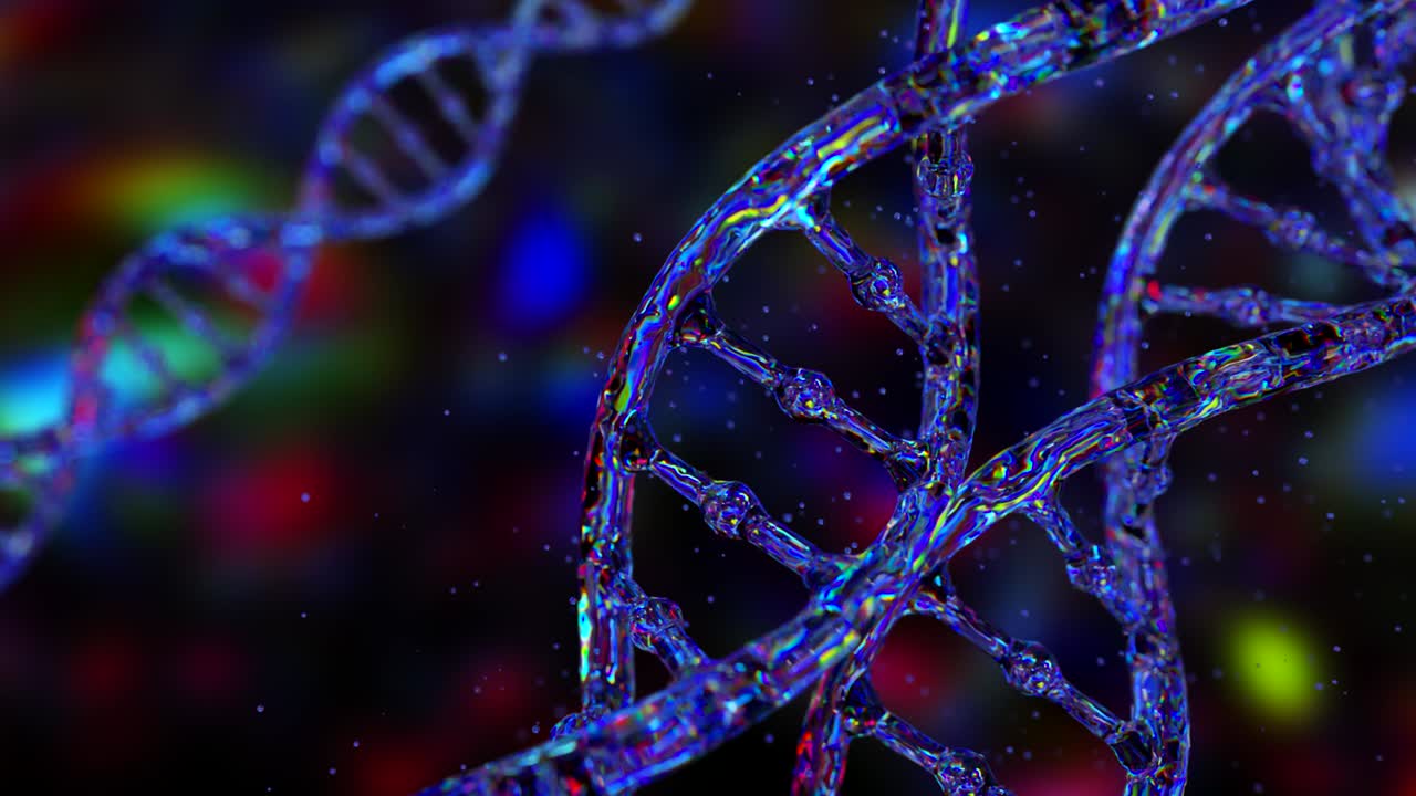 adn abstracto en un fondo oscuro. el holograma de adn brilla y brilla con colores iridescentes. conceptos de ciencia y medicina.