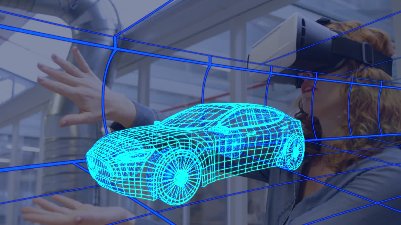 animación de dibujo 3d digital de un coche sobre una mujer usando auriculares vr