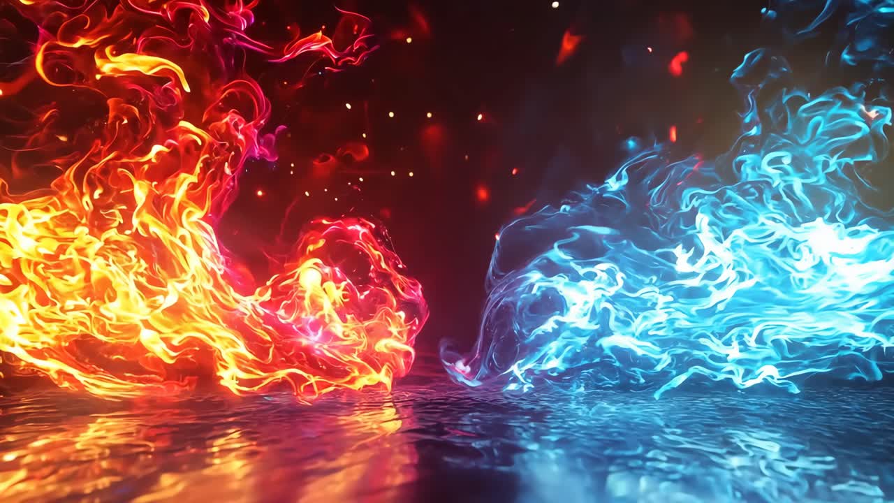 Two flames, one red and one blue, are shown in the air. The blue flame is larger than the red one