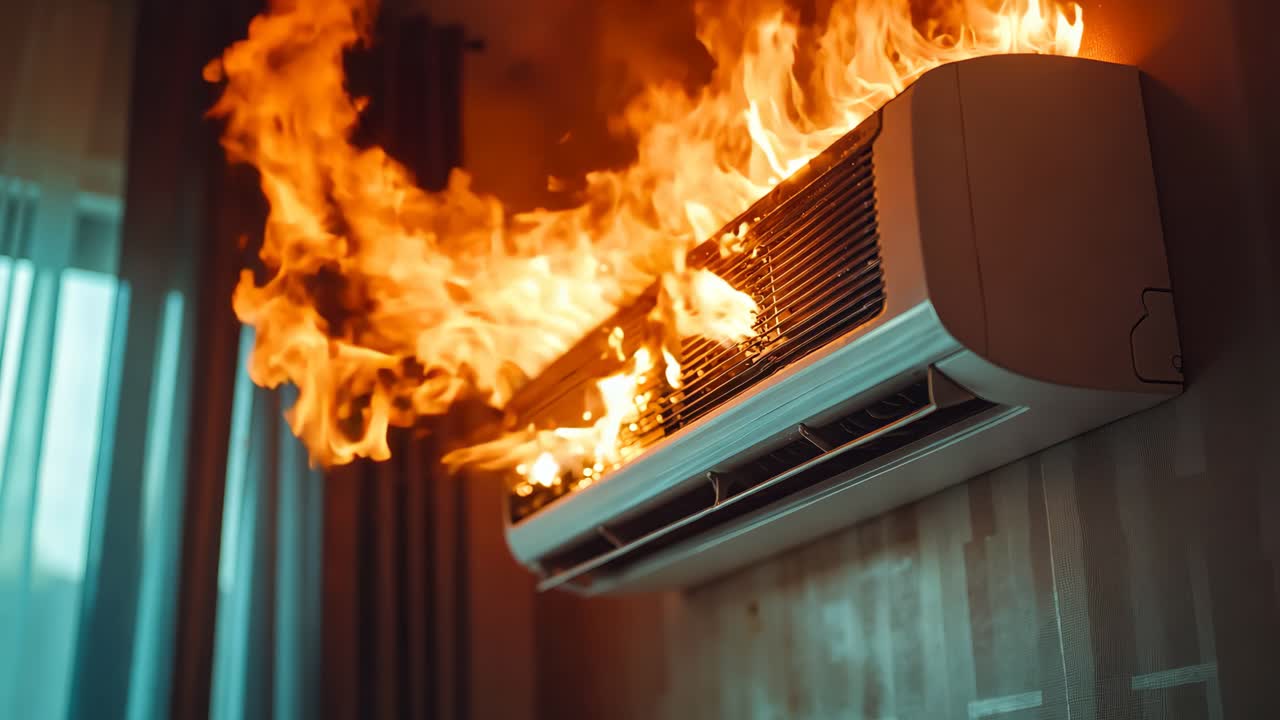방 안의 에어컨에 불이 타고 있다