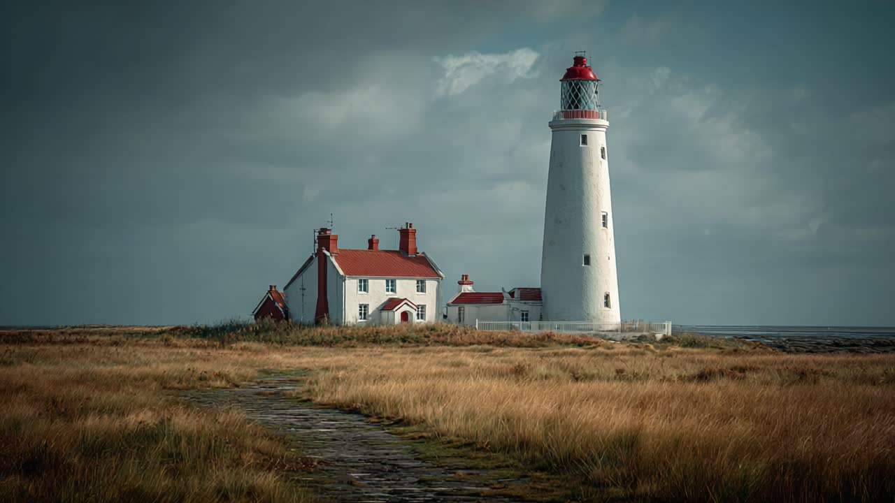 A Serene Coastal Lighthouse Surrounded by Majestic Grasslands Under a Dramatic Sky, Capturing the Essence of Maritime Beauty and Tranquility in Nature