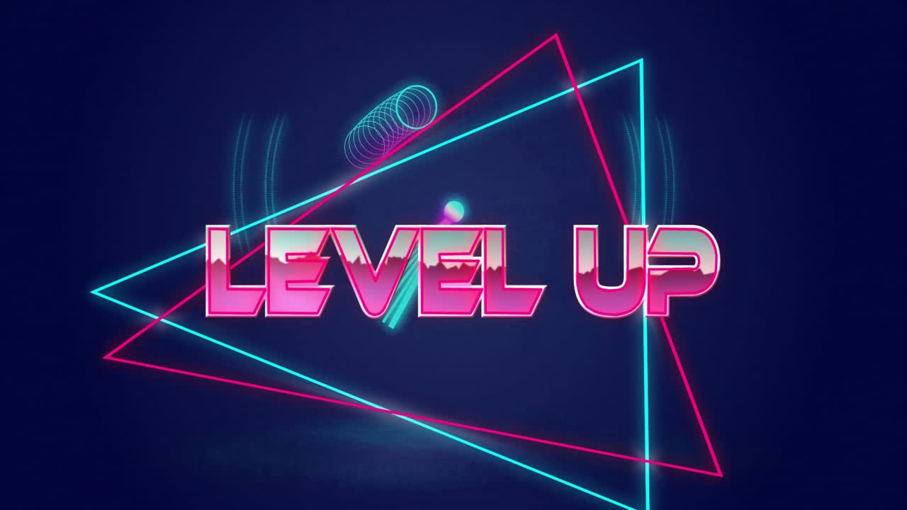 Level up text over neon geometric shapes on dark blue background