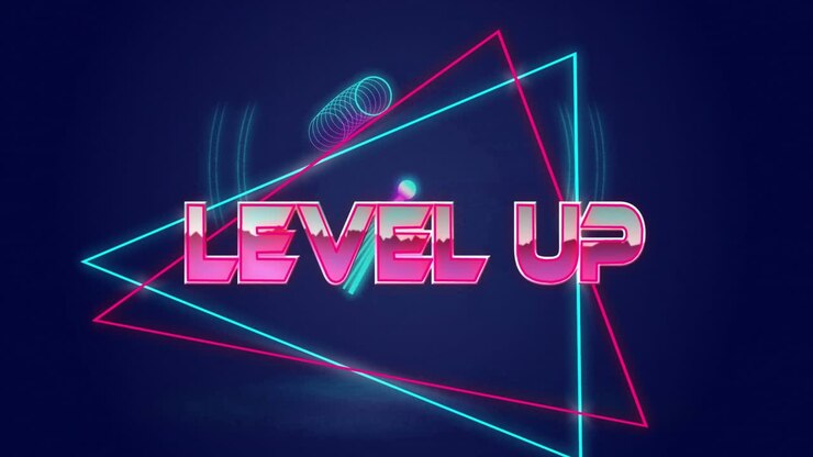 Testo 'Level up' su forme geometriche al neon su sfondo blu scuro