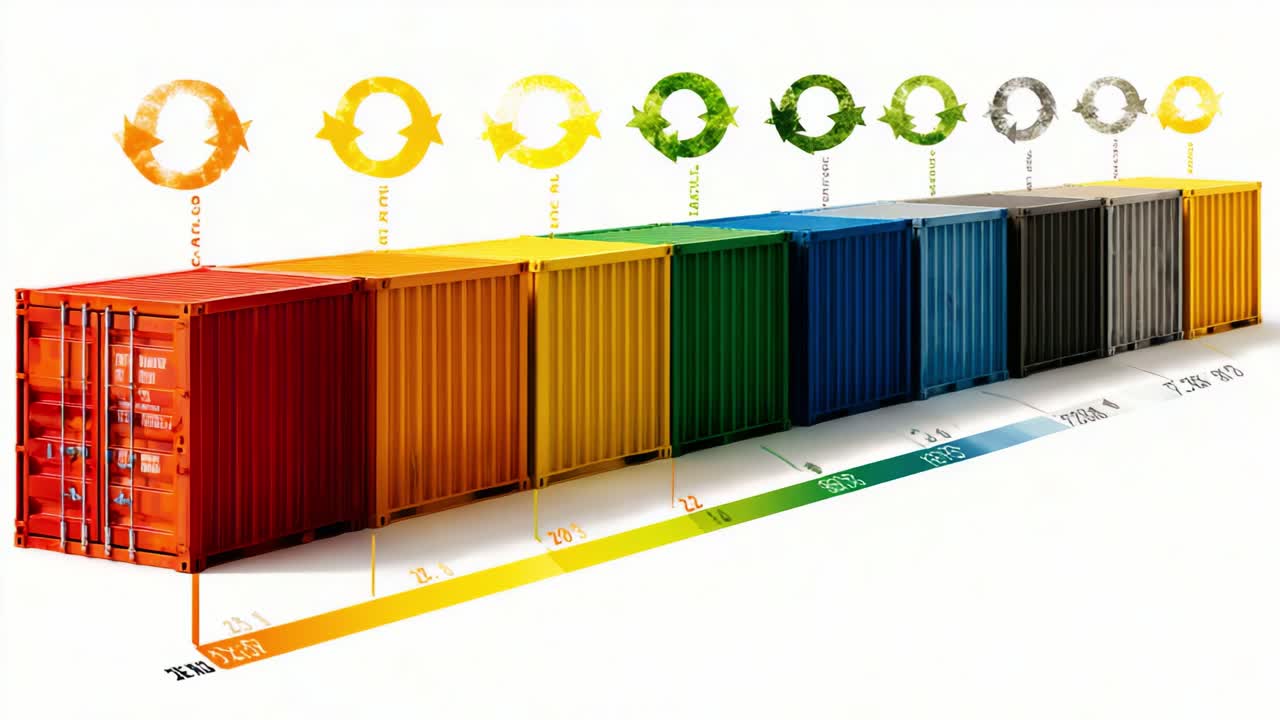 A Colorful Array of Shipping Containers Demonstrating Various Sizes and Distinctive Colors, Showcasing Environmental Awareness Through Recycling Symbols and Visual Representation