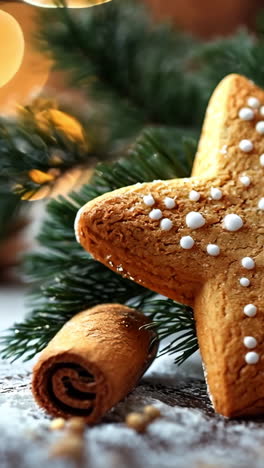 a star shaped cookie with white icing sits on a table with cinnamon sticks and pine cones. concept of warmth and comfort, as the cookie and spices evoke feelings of the holiday season