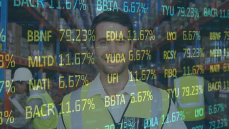 animation of financial data processing over man working in warehouse