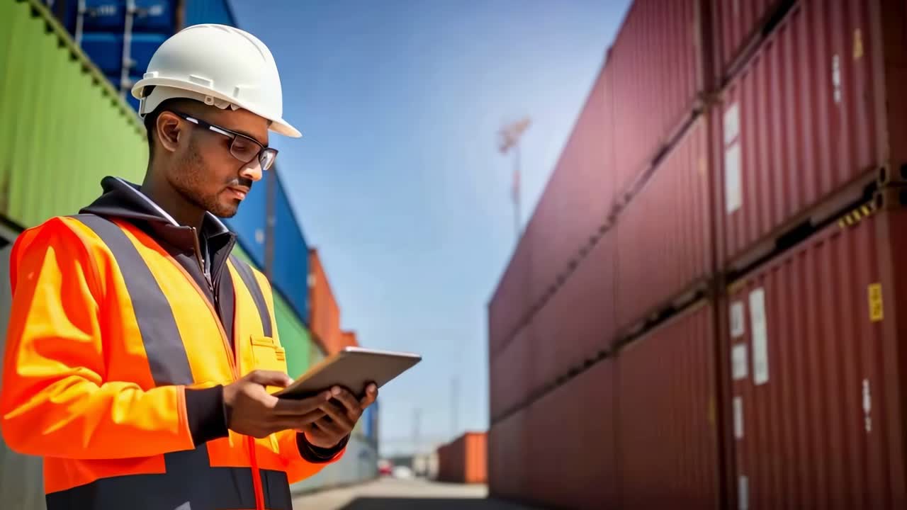 A low-angle video shot of a worker in a hard hat and safety vest, holding a tablet, standing between