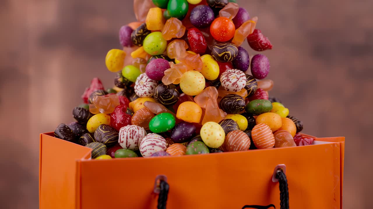 Falling candies filling orange gift bag at kitchen counter, revealing speckled eggs and gummies