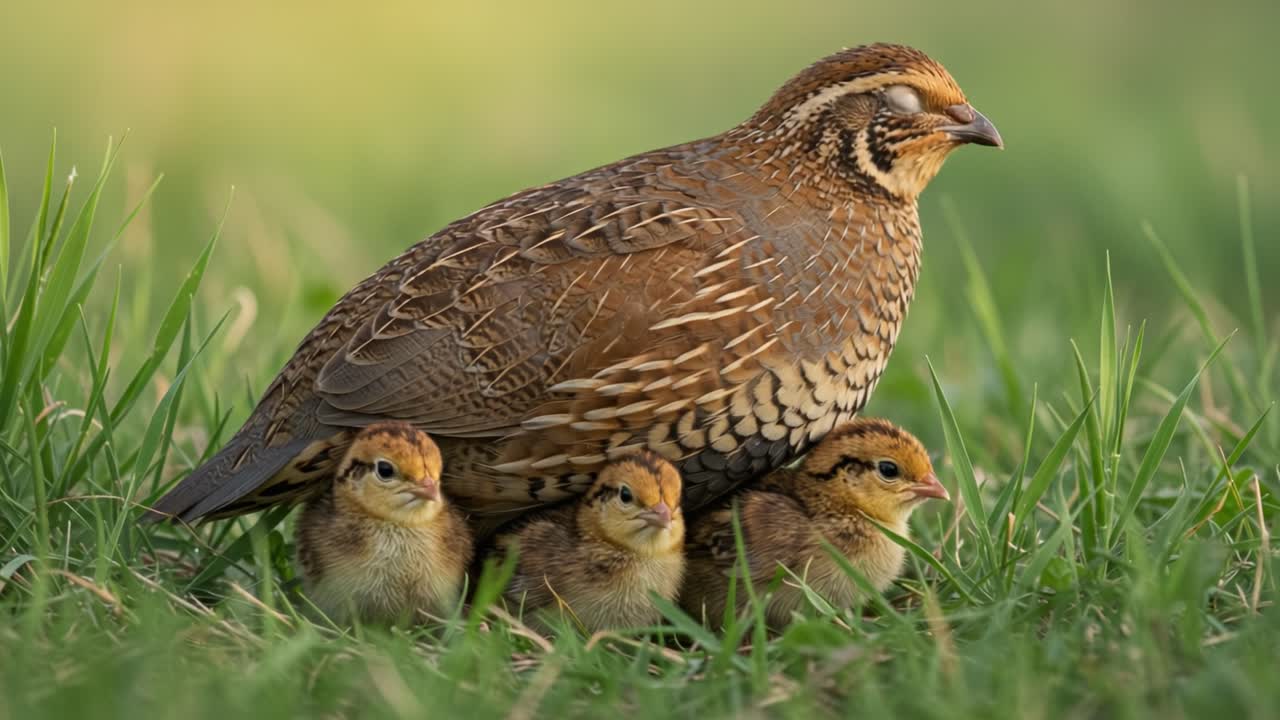 A Mother Quail Safeguards Her Three Adorable Chicks Amidst Fresh Green Grass, Showcasing The Bond Between Wildlife and Nature's Beauty