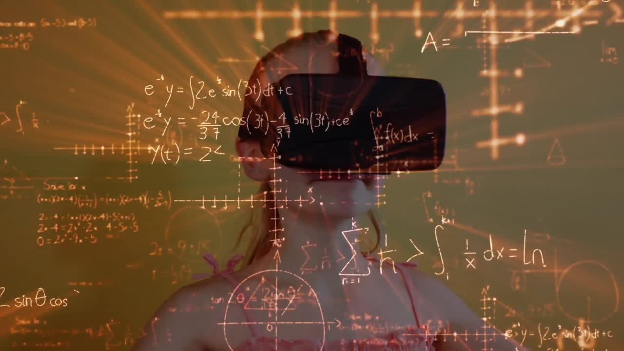 animación de fórmulas matemáticas sobre una escolar usando auriculares vr