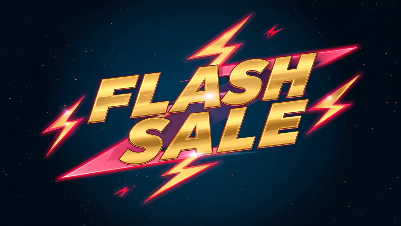 Animiertes Logo mit lila Blitz, das einen FLASH SALE ankündigt, auf digitalem Hintergrund mit rosafarbenem Band zur Verkaufsförderung
