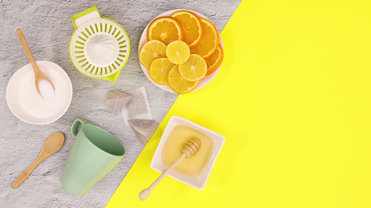 Utensil and supplies for making tea move on yellow theme. Stop motion