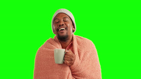 Man,-coffee-and-blanket-on-a-green-screen