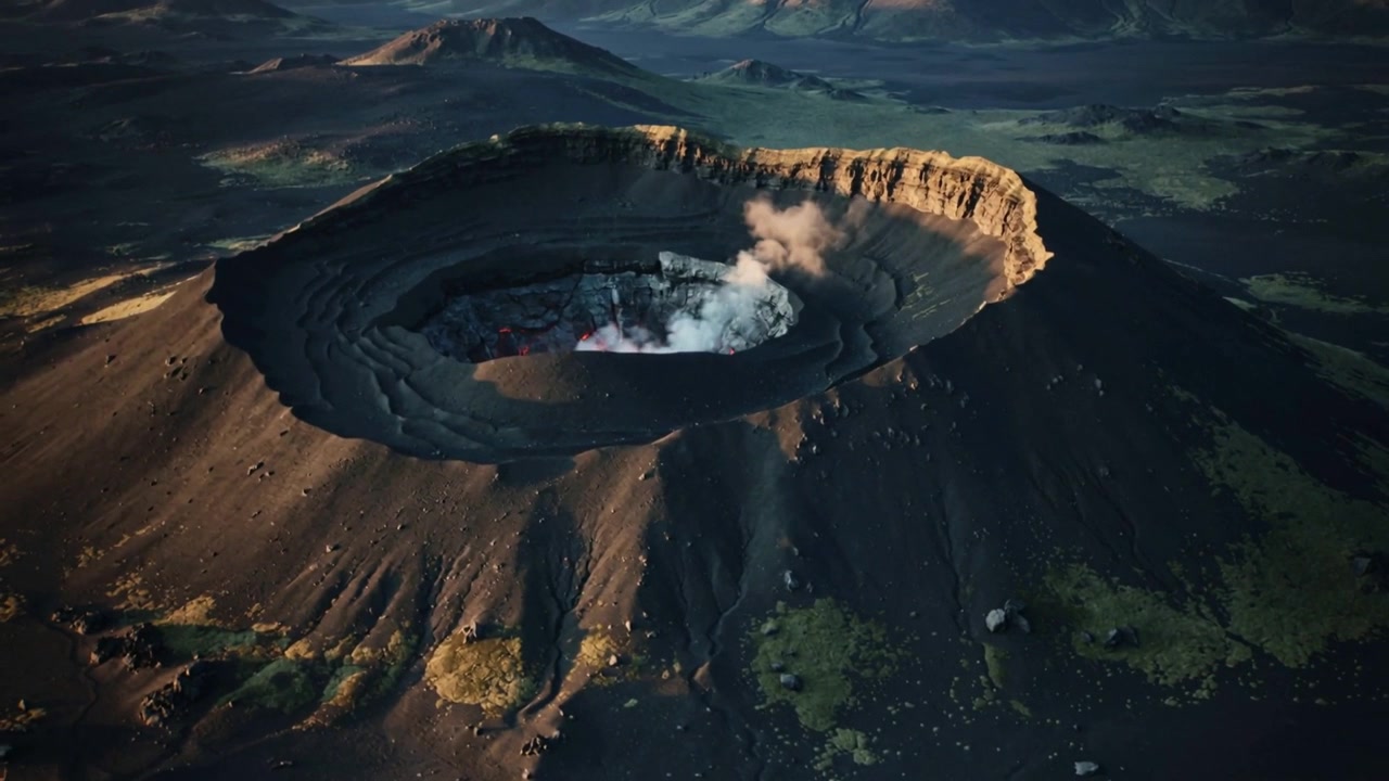 Approaching drone revealing caldera steaming and glowing vent on plateau, showing interior