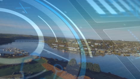 animación de interfaz digital futurista sobre vista aérea del río y la ciudad