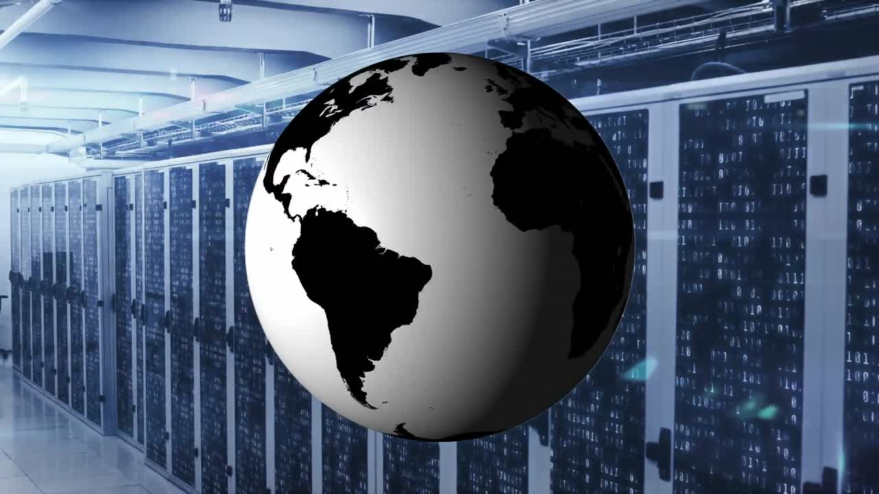 Animation of spinning globe and data processing against computer server room