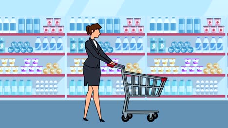 el personaje de la mujer de negocios de dibujos animados flat walk viene con animación de carrito de compras vacío