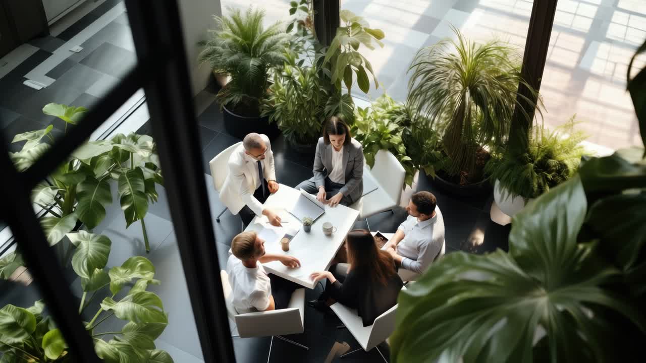 Aerial view of a business meeting surrounded by lush plants, creating a natural, eco-friendly
