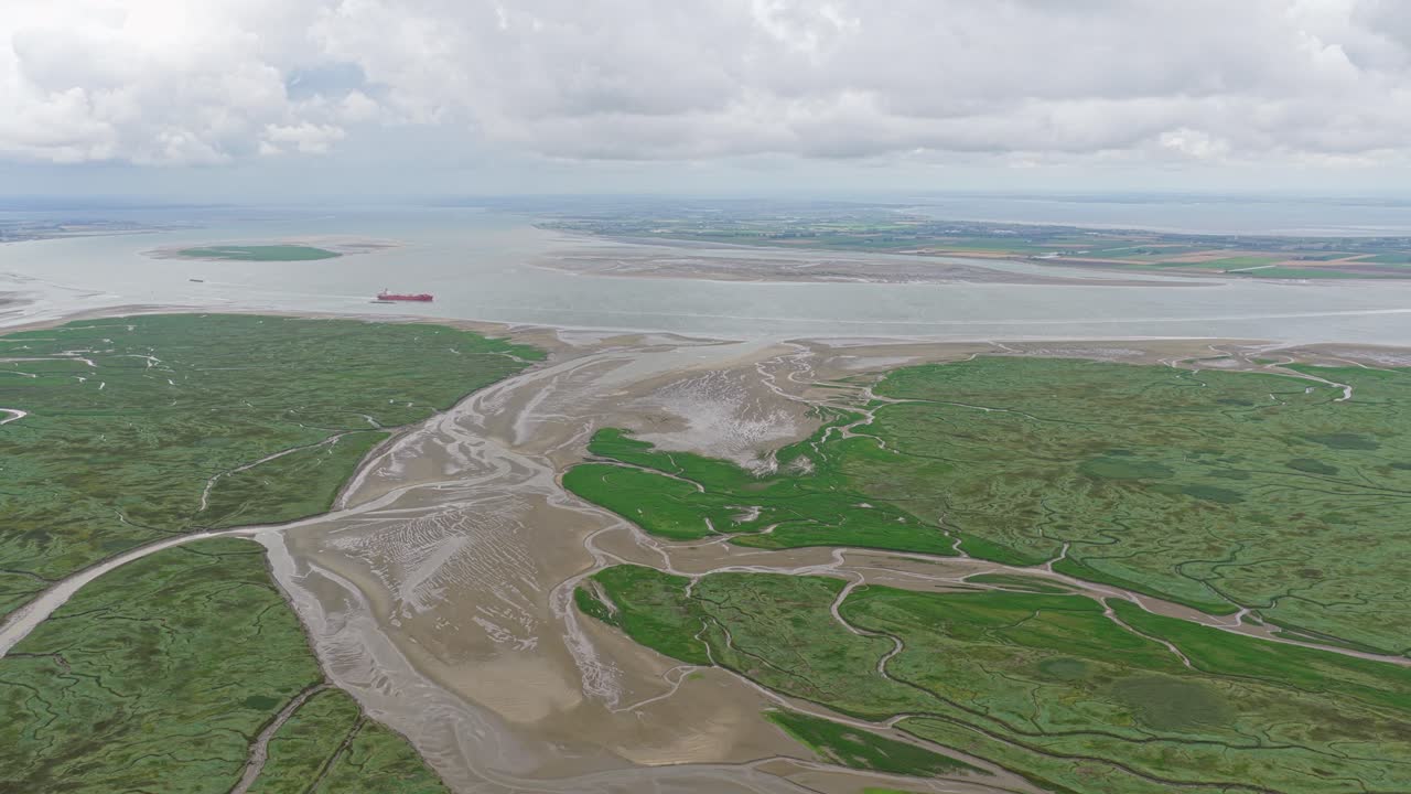 Aerial shot of Zeeland mudflats and creeks in Saeftinghe reserve, Netherlands