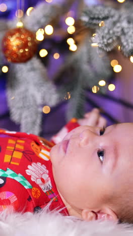 healthy little boy in festive red clothes lies under the christmas tree. baby looking straight ahead. blurred backdrop. vertical video