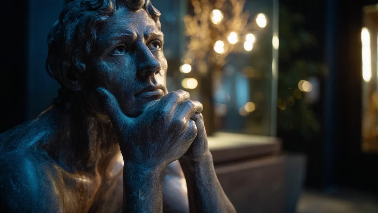Thoughtful bronze sculpture reflecting deep contemplation amid soft lighting, showcasing intricate details and the beauty of artistic craftsmanship in a serene setting