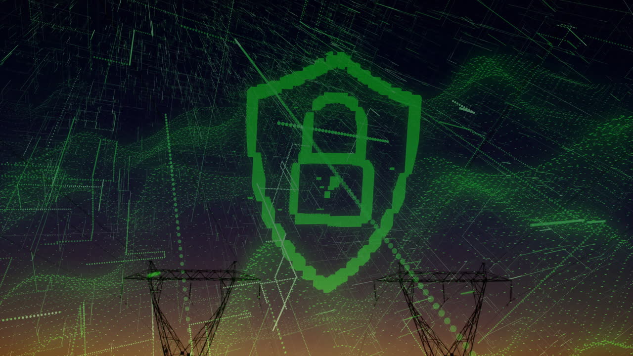 Animation of green digital lock symbol overlaying power lines and network background