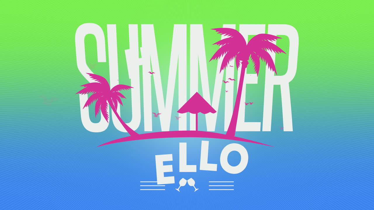 야자수와 그라데이션 색상의 새가 있는 안녕하세요 여름