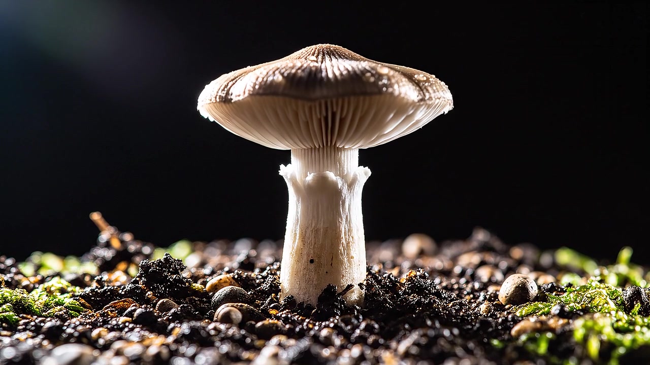 Small mushroom growing in dark soil against black background