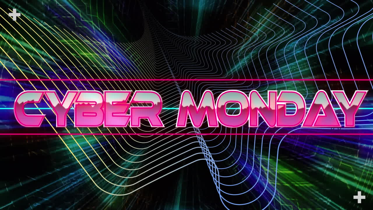 Animation of cyber monday text over neon shapes on dark background