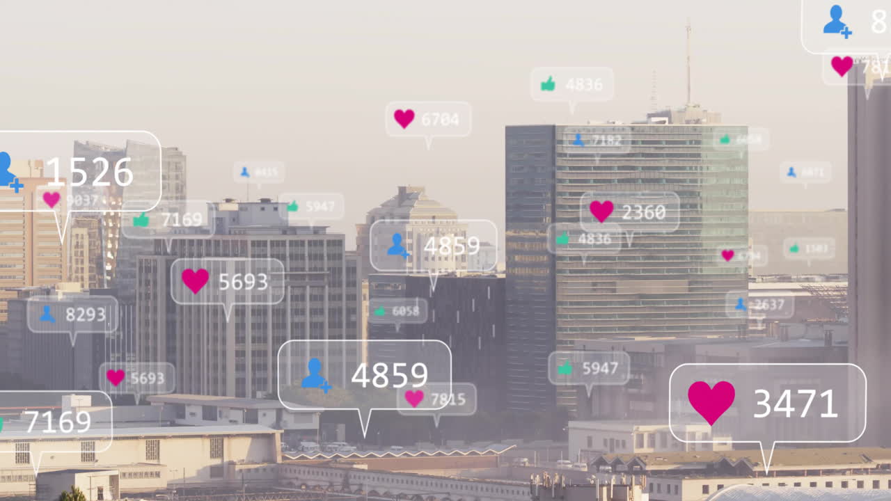 Social media notifications animation over cityscape with tall buildings
