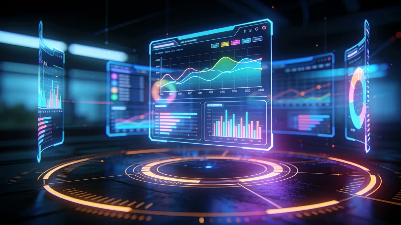 Pulsing platform projecting holo UI and side panels animating charts for data view in control room