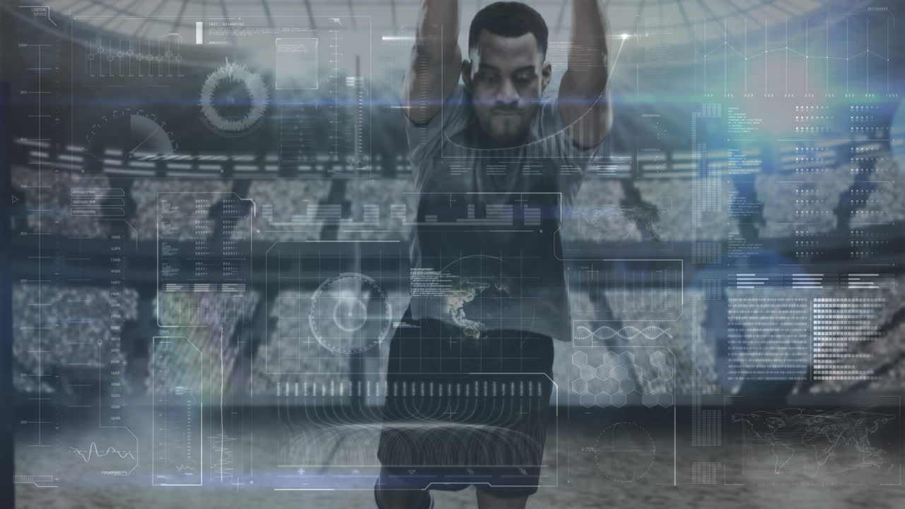 jugador de rugby anotando un touchdown con las estadísticas analizándolo