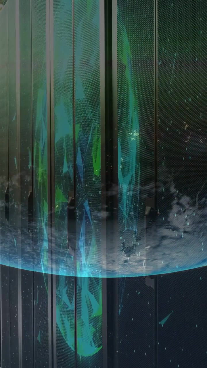 Aurora ribbon and planet horizon revealing as slats glow, sparks drifting for technology UI