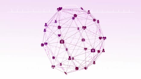 animación de un globo de iconos digitales girando contra un fondo de gradiente rosa.