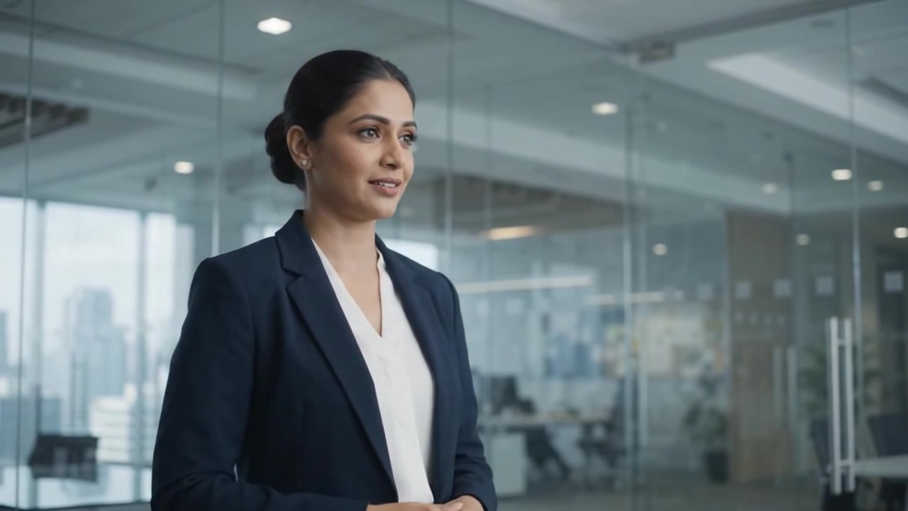 Professional Businesswoman Speaking in Modern Office Setting