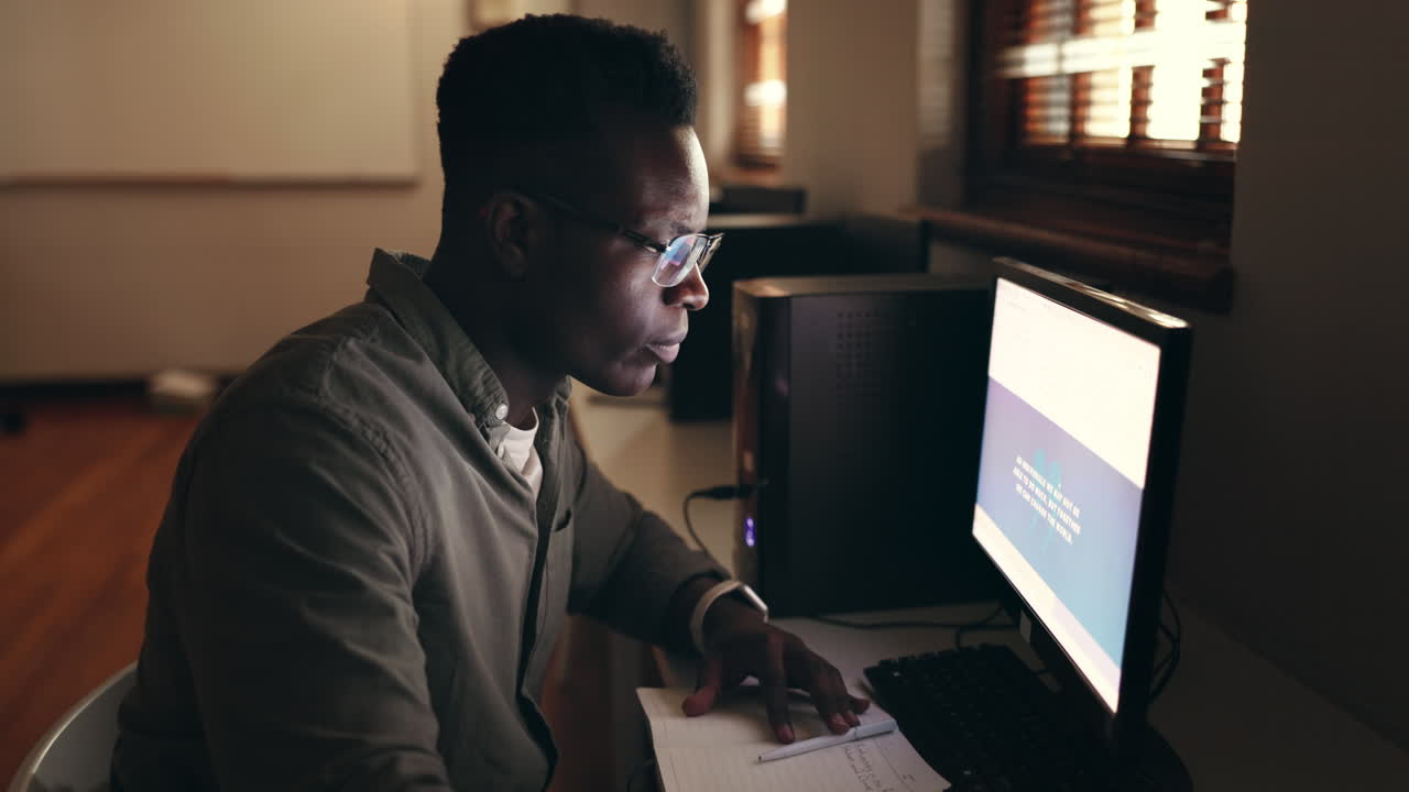 Night, business or black man with internet