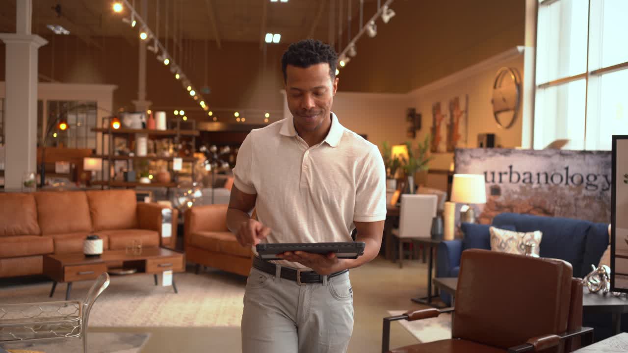Happy African American Man Smiling Walking Froward and Using Tablet in Furniture Store