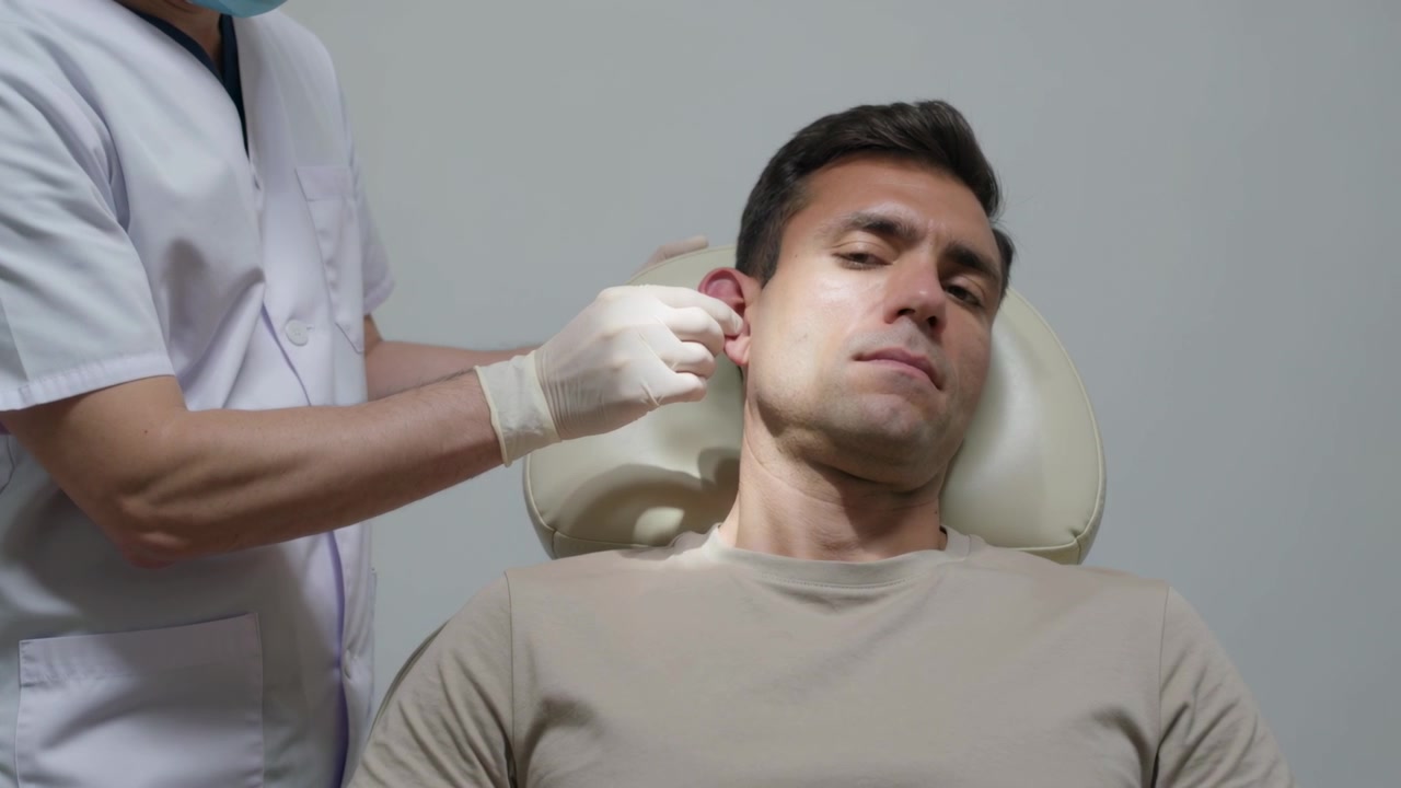 Clinico mascherato che esamina e sonda l'orecchio destro di un paziente maschio sdraiato dopo aver segnalato dolore in clinica